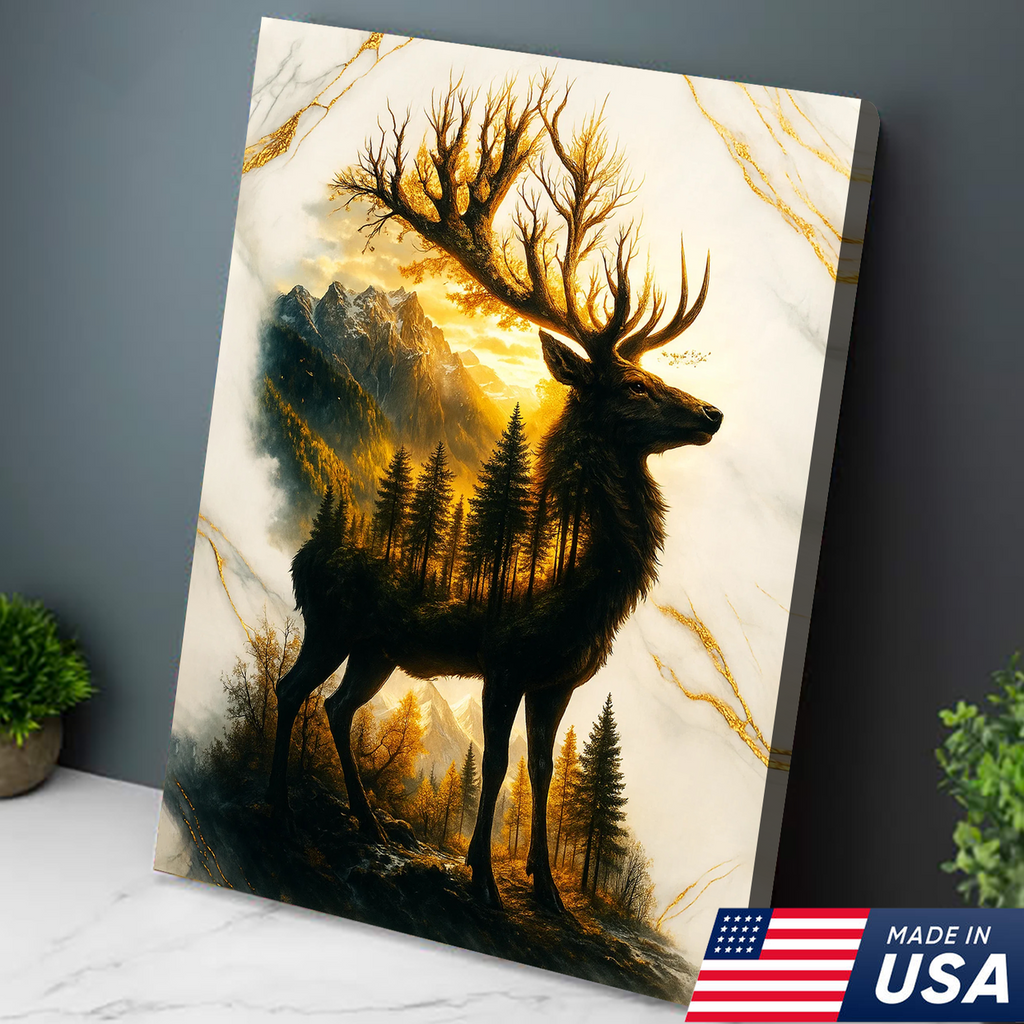 Majestic Deer Canvas Wall Art – Rustic Wildlife Decor, Forest Landscape within Buck Silhouette