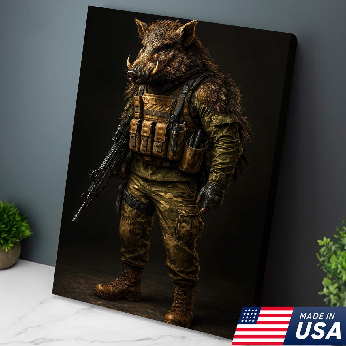 Tactical Boar Canvas Art – Armored Wild Hog Warrior in Combat Gear