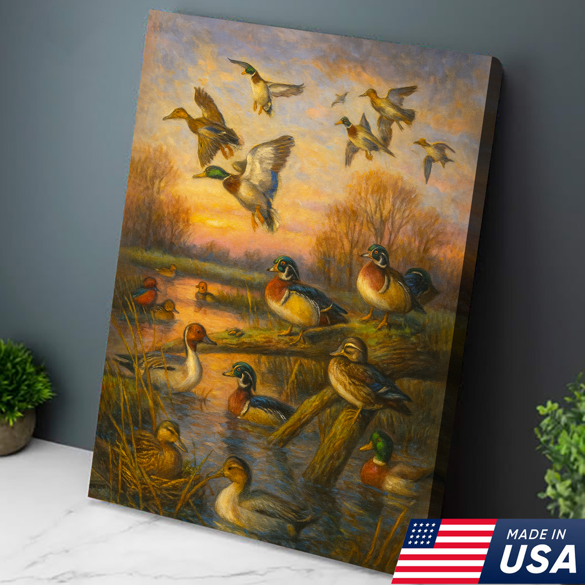 Duck Hunting Canvas Wall Art – Oil Painting Style Waterfowl at Sunset Rustic Lodge Decor