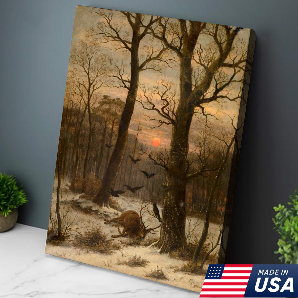 Vintage Deer Hunting Canvas Wall Art, Winter Forest Stag, Rustic Cabin Lodge Wildlife Decor