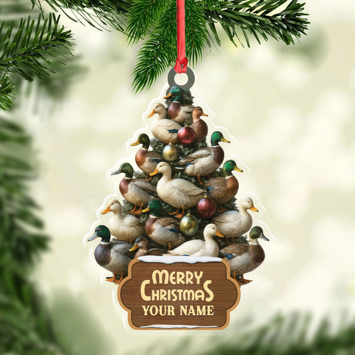 Funny Duck Christmas Tree Acrylic Ornament – Personalized Hunting Gift, Mallard Duck Lover Decoration, Rustic Country Holiday Decor