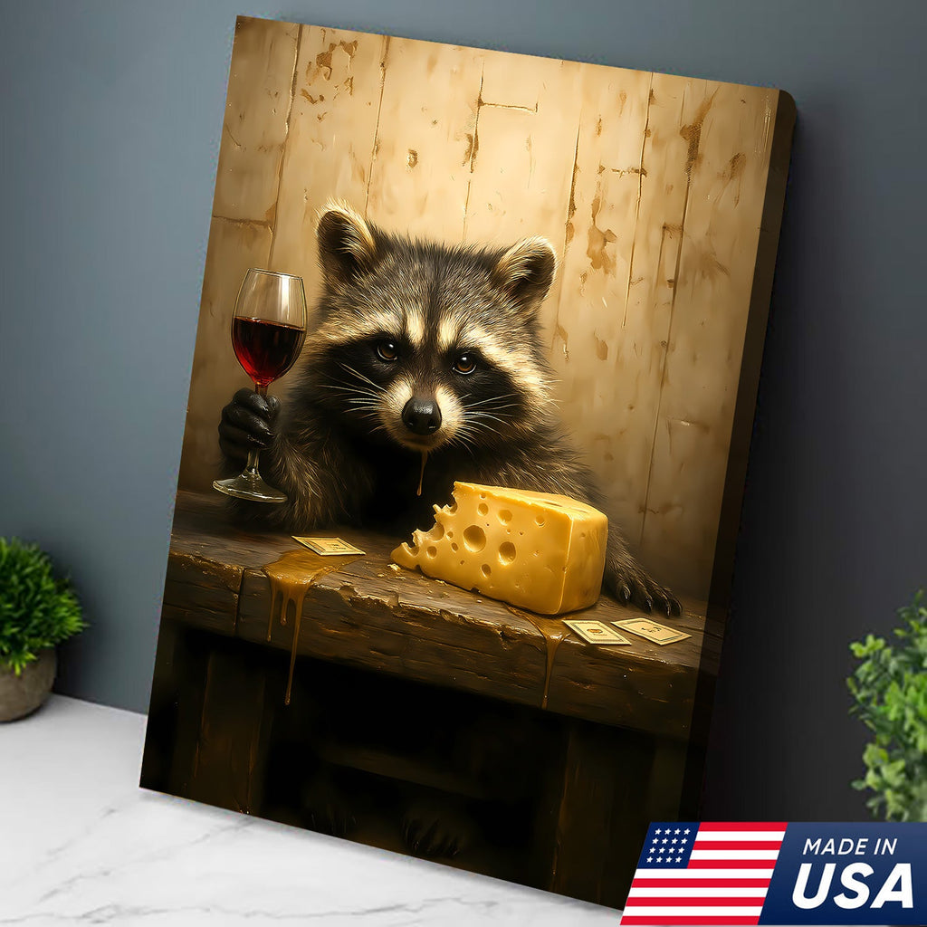 Raccoon with Wine and Cheese Canvas – Funny Bar Wall Art, Gentleman Gift for Men