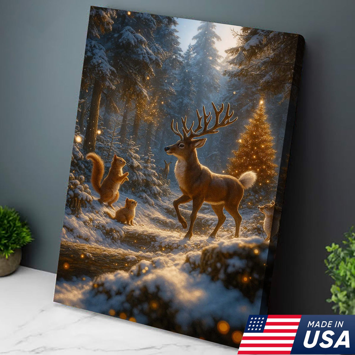 Christmas Deer Forest Wall Art Canvas – Magical Winter Woodland Print