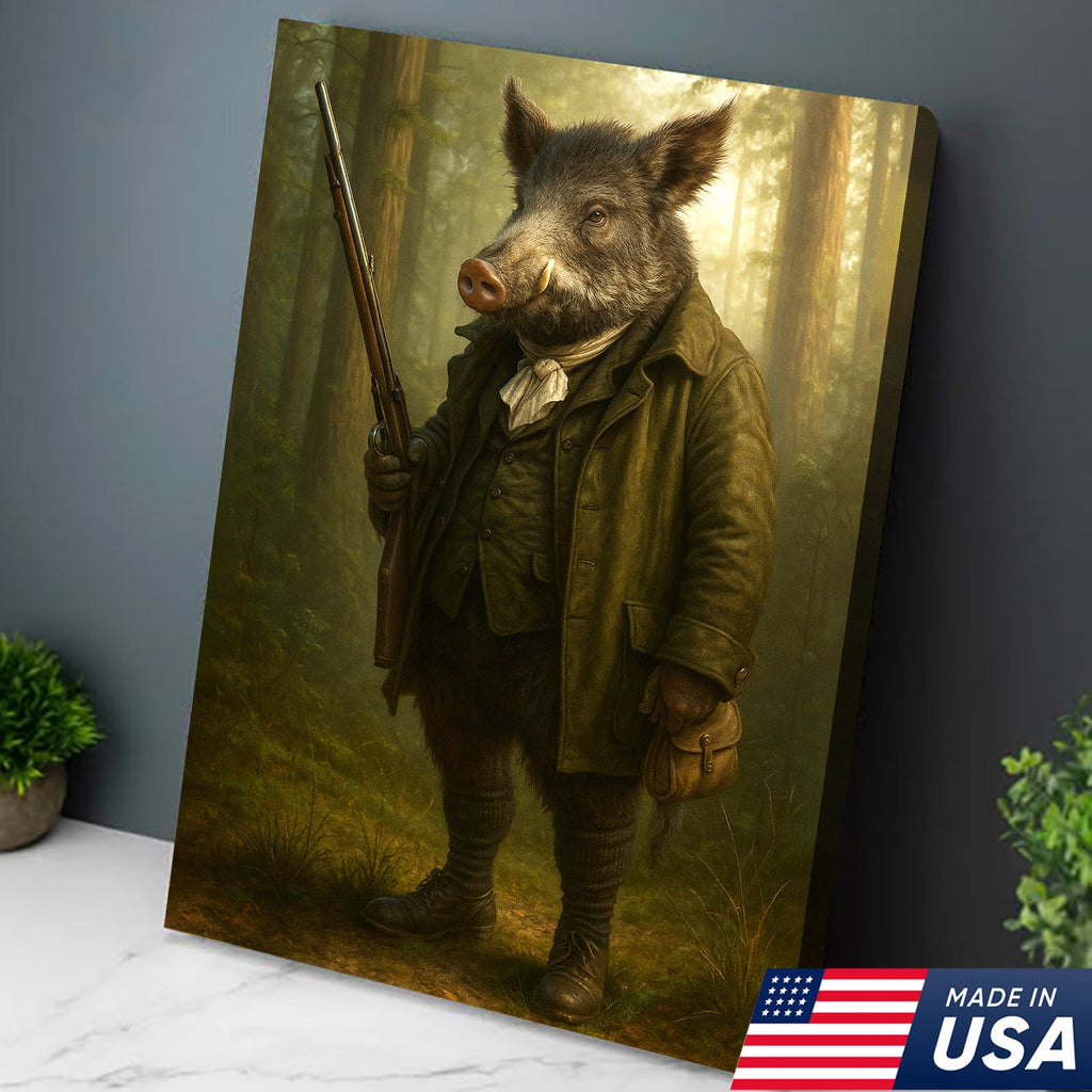 Funny Wild Boar Hunter Canvas Wall Art – Rustic Hunting Lodge Decor Gift for Hunters