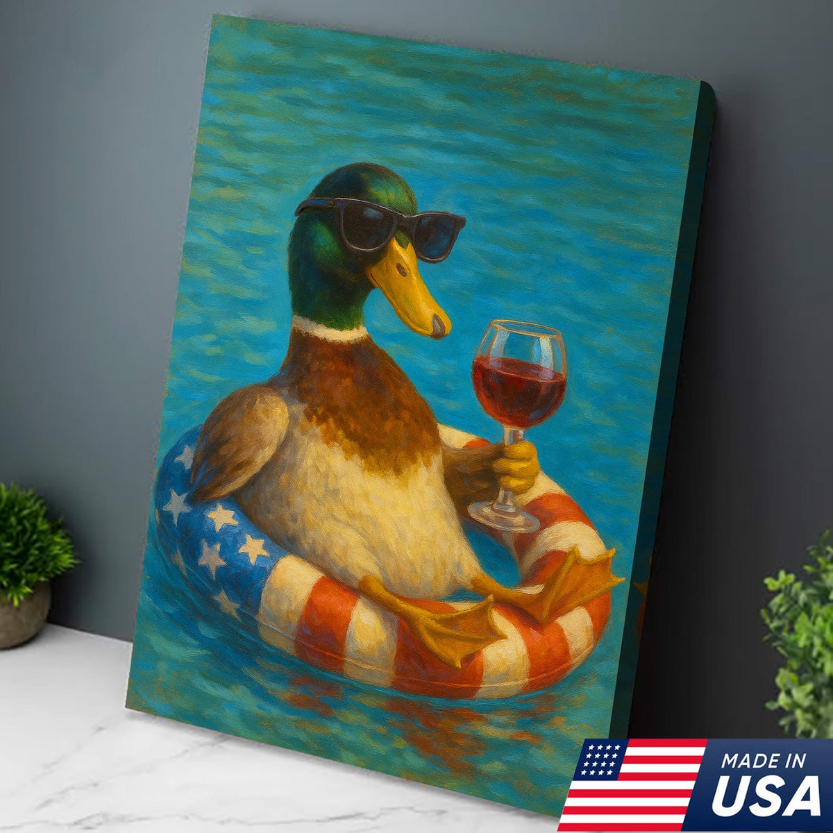 Cool Duck with Wine Canvas – Sunglasses, USA Flag Pool Float, Funny Summer Wall Art