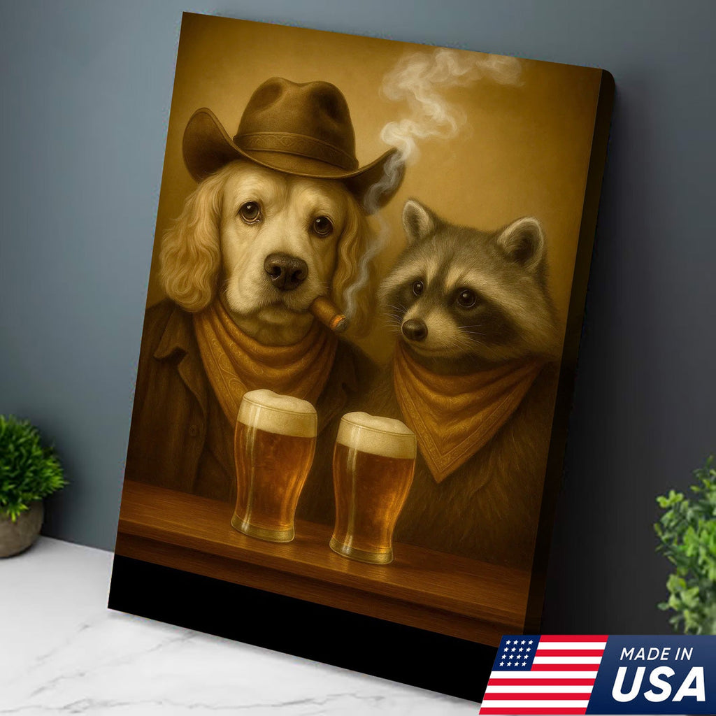 Funny Dog & Raccoon Bar Art – Cowboy Dog Smoking Cigar, Beer Buddies Wall Decor Gift for Men