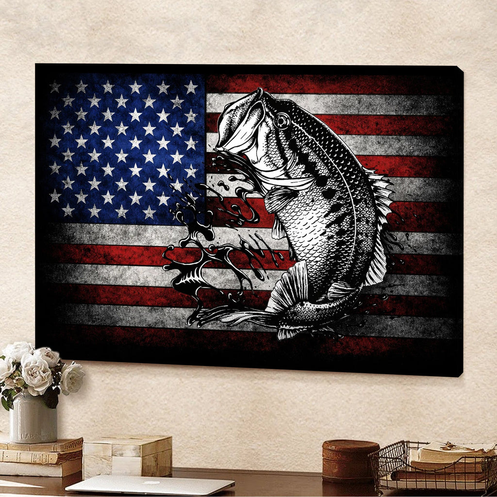 American Flag Bass Fishing Canvas Wall Art, Patriotic Fishing Fish Splash Artwork
