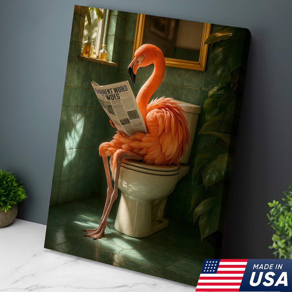 Funny Flamingo Bathroom Canvas Wall Art – Quirky Bird Reading Newspaper Print
