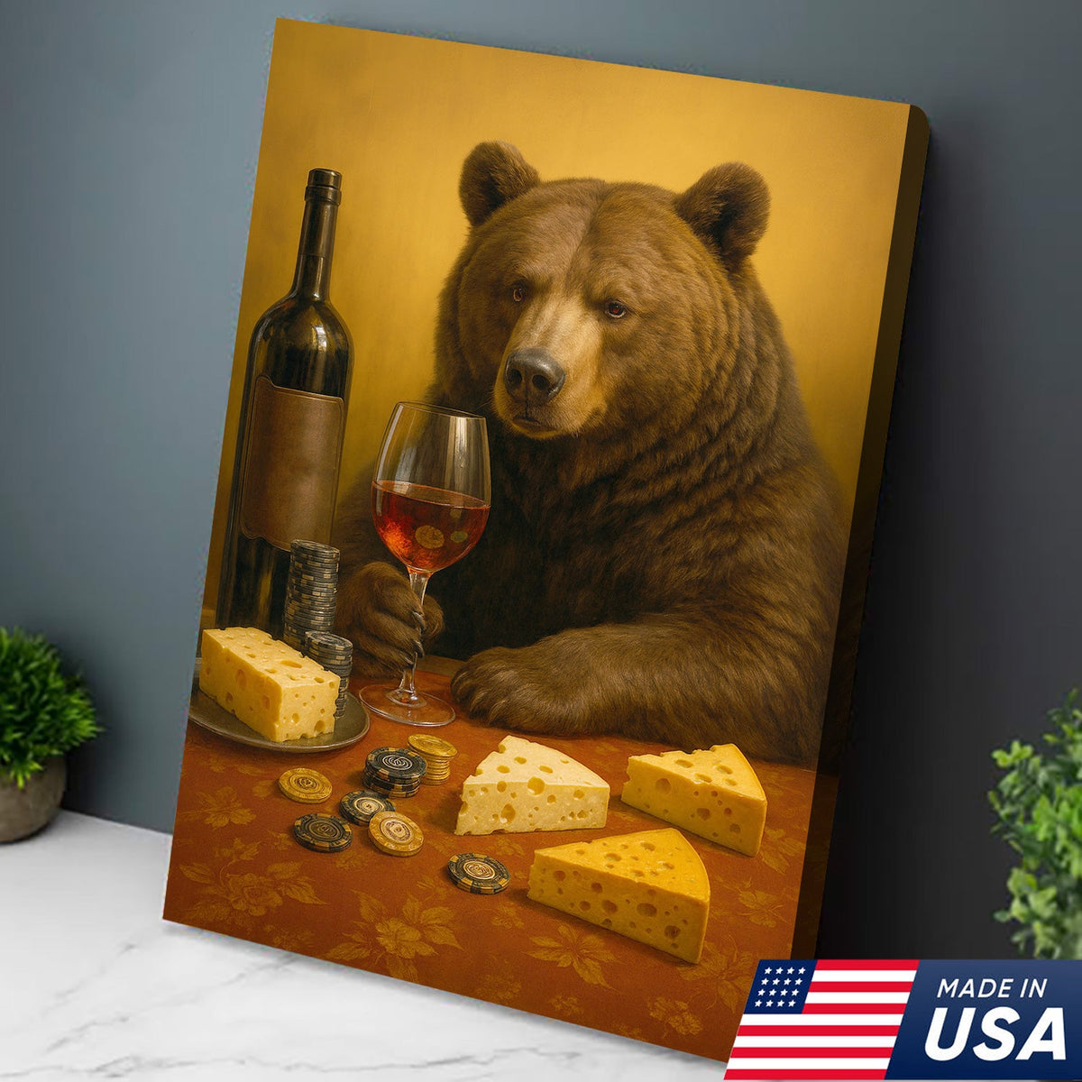 Funny Bear Wine & Cheese Wall Art Canvas - Poker Room Decor, Animal Painting for Home Bar