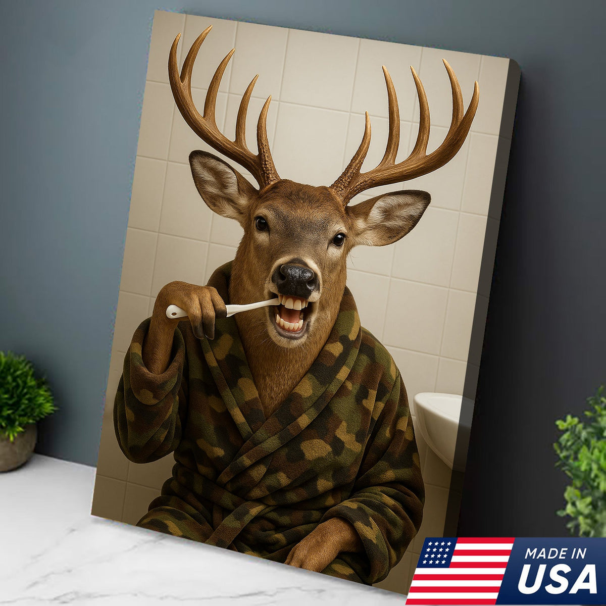 Funny Deer Brushing Teeth Wall Art – Rustic Bathroom Canvas for Cabin, Lodge & Man Cave Decor