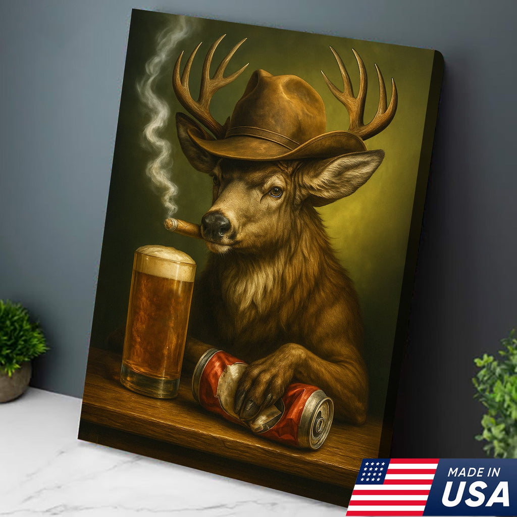 Funny Cowboy Buck Beer Canvas – Rustic Funny Wall Art Gift for Hunters, Bar Cabin & Man Cave Decor