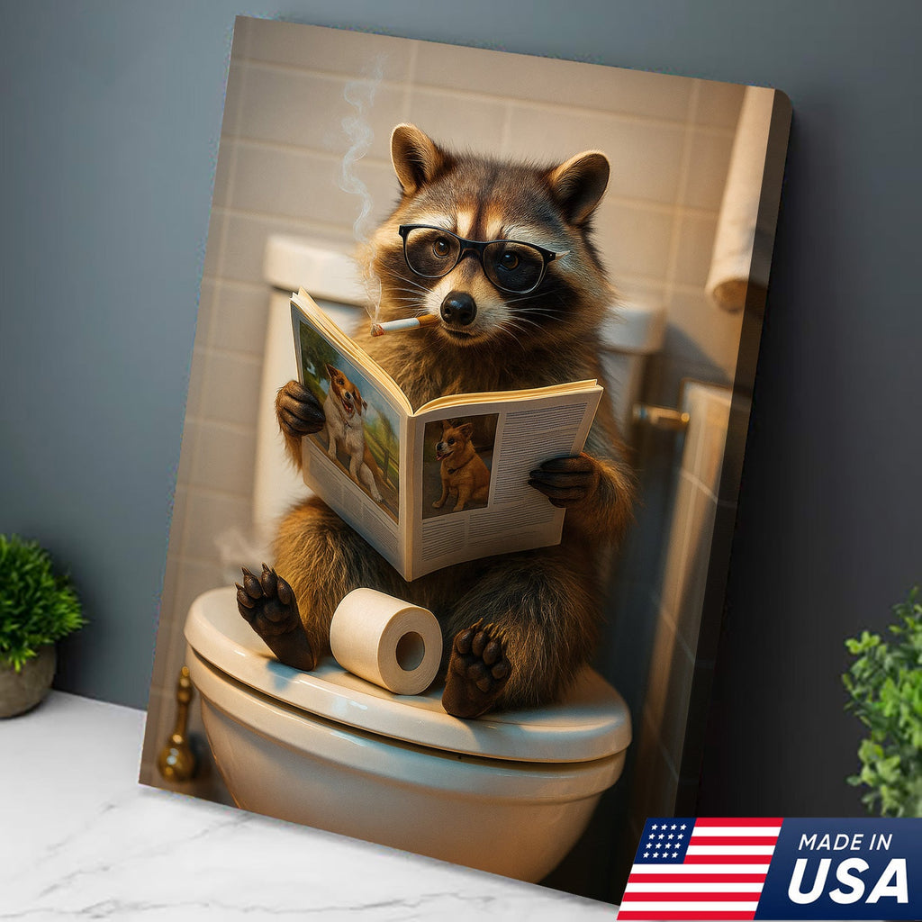 Funny Raccoon On Toilet Canvas – Smoking Raccoon Reading on Toilet, Bathroom Humor Wall Art