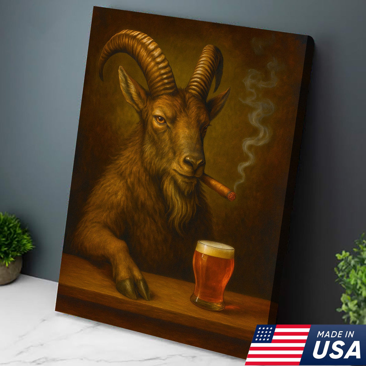 Funny Mountain Goat Smoking And Beer Canvas Wall Art - Hunting Perfect Gift for Hunters