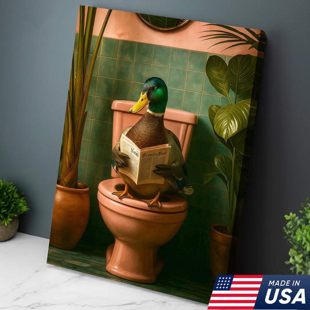 Whimsical Duck Bathroom Canvas Wall Art – Funny Rustic Lodge Decor – Mallard Reading Humor Print