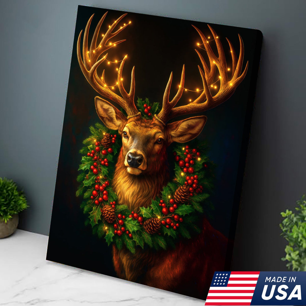 Christmas Deer Canvas Wall Art - Rustic Holiday Decor for Hunters, Cabin & Lodge Christmas Gift
