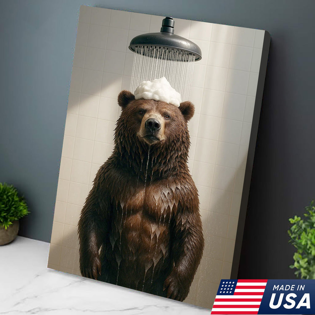 Funny Bear Taking Shower Bathroom Canvas Wall Art, Rustic Cabin Lodge Bathroom Decor