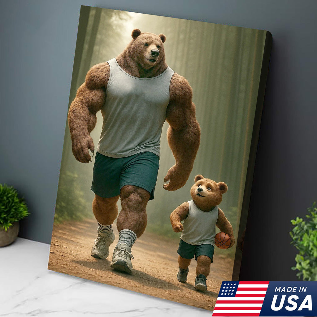 Buff Bear Dad and Cub Canvas Wall Art, Fitness Father and Son Bear Print