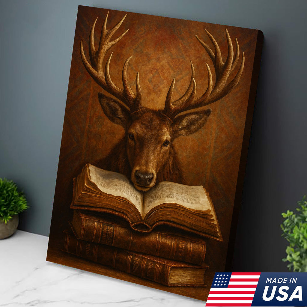Wise Deer Canvas Wall Art – Rustic Library & Cabin Decor