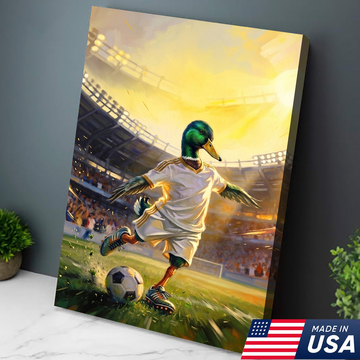 Funny Duck Playing Soccer Canvas, Animal Meme Wall Art, Soccer Decor
