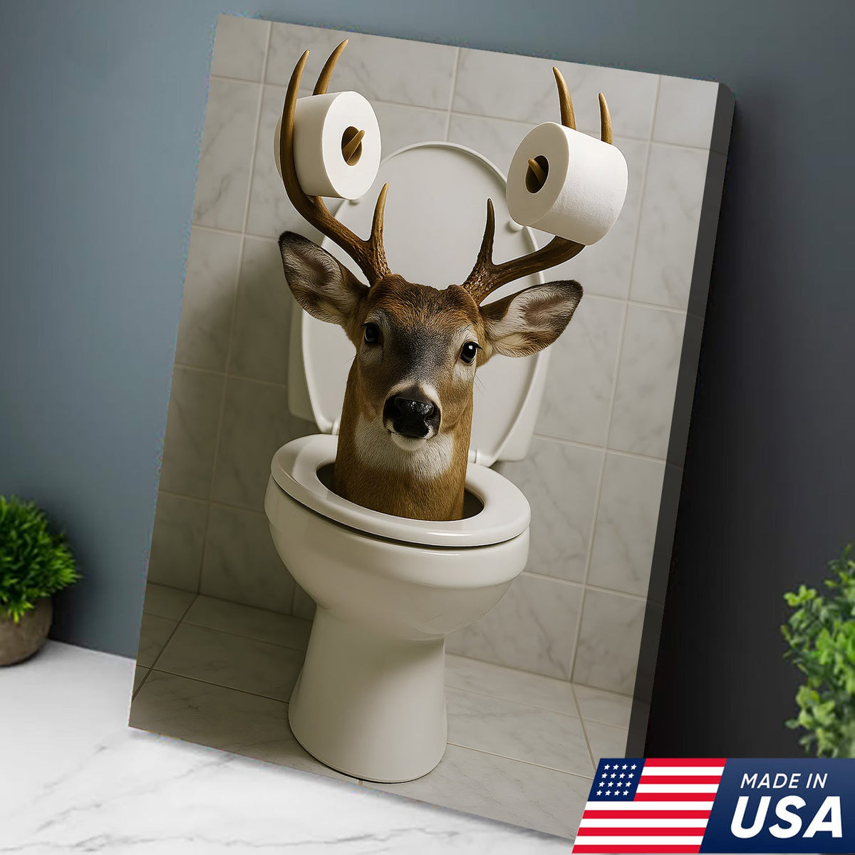 Funny Deer Bathroom Canvas Wall Art, Toilet Humor Buck with Paper Roll Antlers
