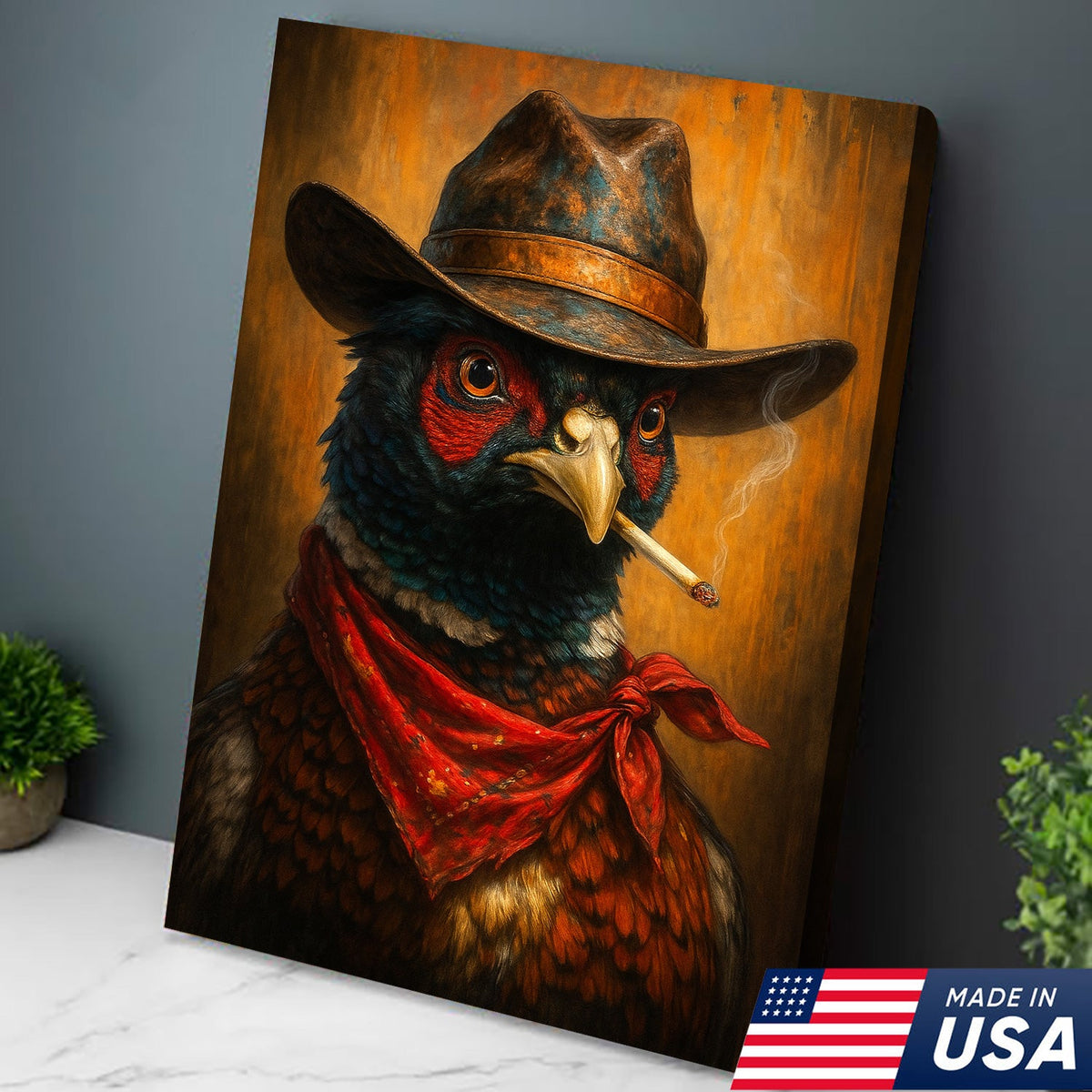Smoking Pheasant Cowboy Portrait Canvas – Rustic Western Wall Art for Man Cave Decor