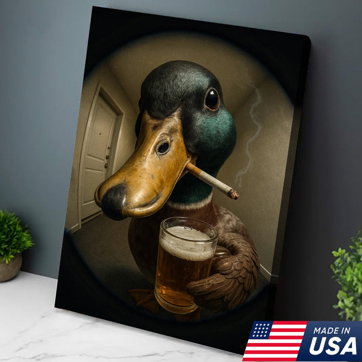 Mallard Duck Fisheye Canvas Wall Art – Funny Close-Up Door Peephole Portrait with Beer Glass