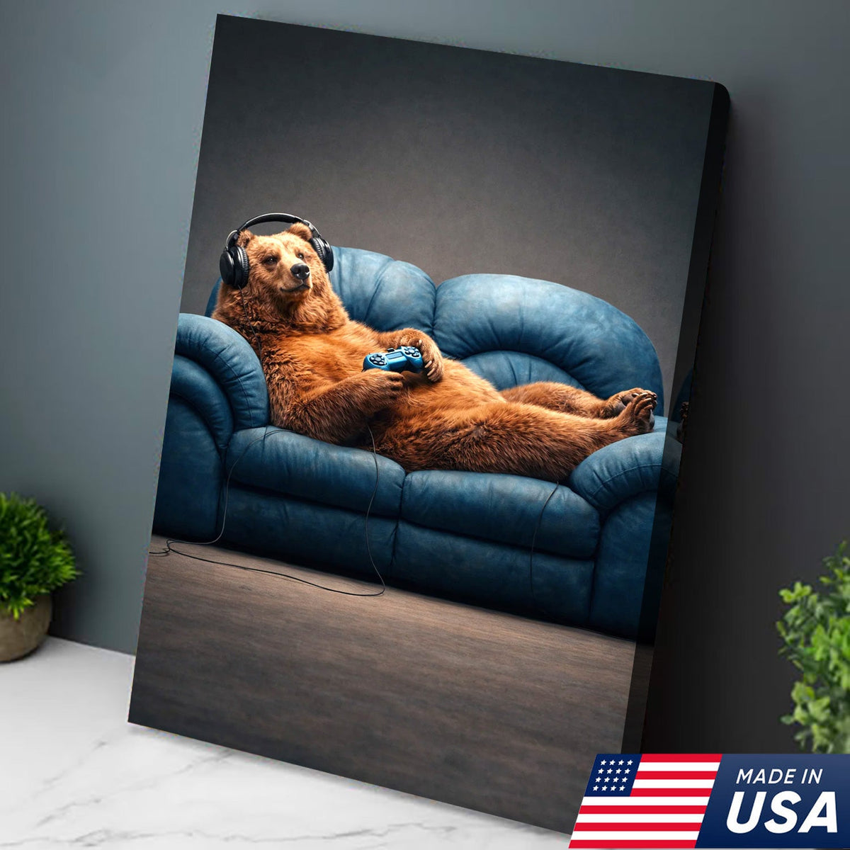Funny Gamer Bear Wall Art Canvas Print, Relaxing Animal Gaming Illustration