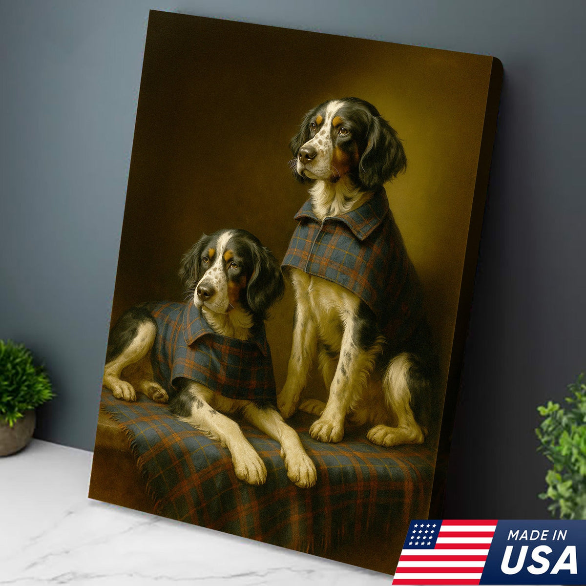 Elegant Dog Portrait Christmas Canvas Wall Art – Classic Plaid Outfit Decor
