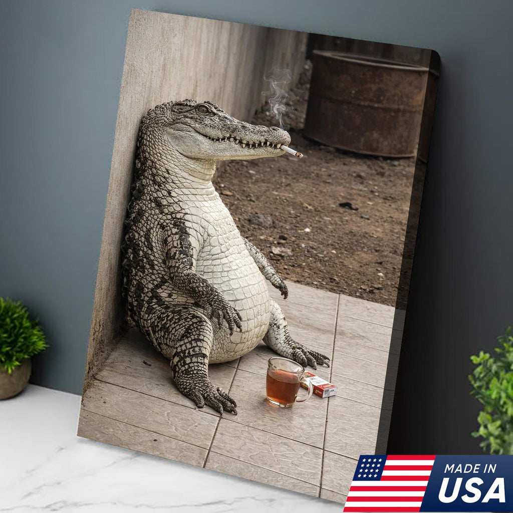 Funny Crocodile Smoking & Drinking Coffee Canvas Wall Art, Dark Humor Animal Illustration