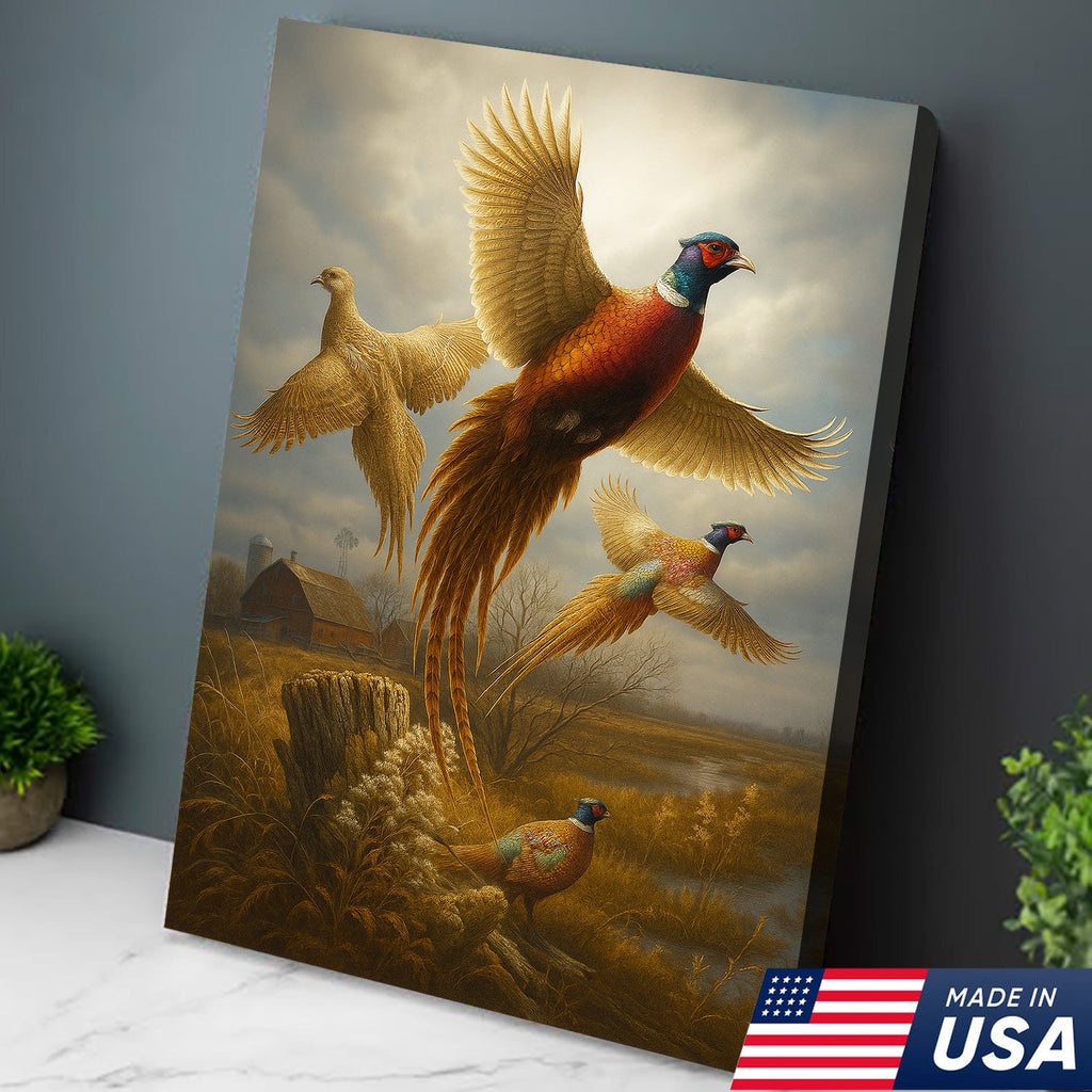 Pheasant in Flight Canvas – Rustic Countryside Wall Art for Lodge & Hunting Decor