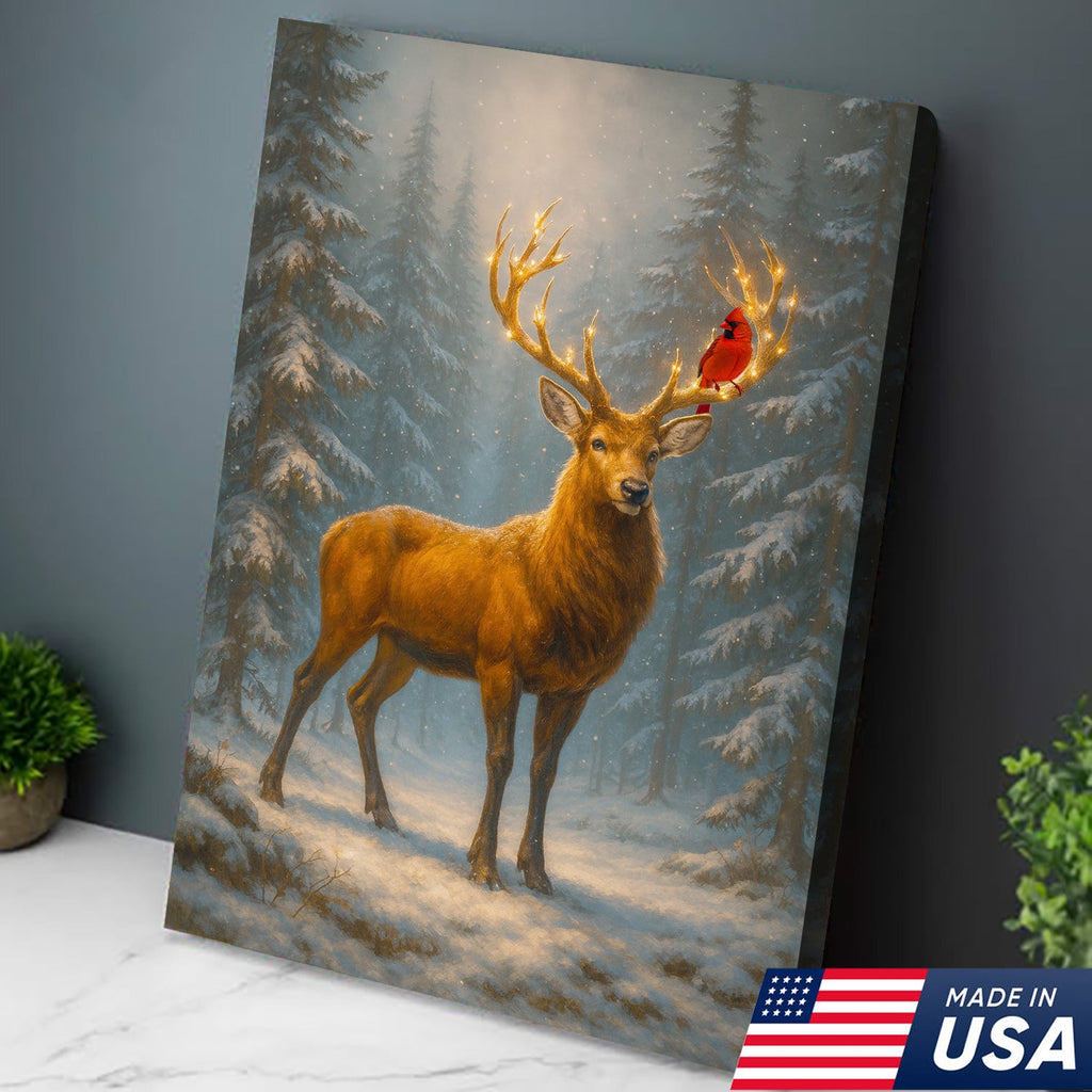 Majestic Deer Christmas Canvas Wall Art – Winter Woodland Decor, Lighted Antlers Canvas