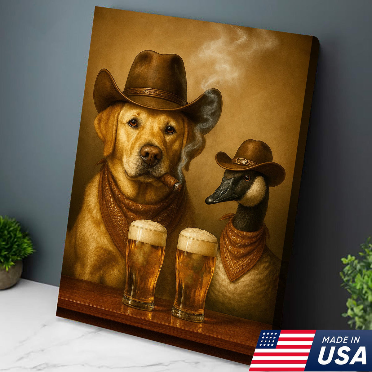 Funny Cowboy Dog & Goose Canvas Wall Art – Funny Beer & Smoking Western Decor for Hunters