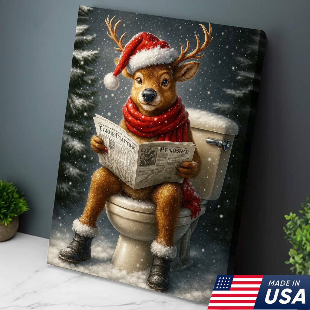 Funny Deer Christmas Canvas Wall Art – Holiday Bathroom Decor – Rustic Hunting Lodge Gift