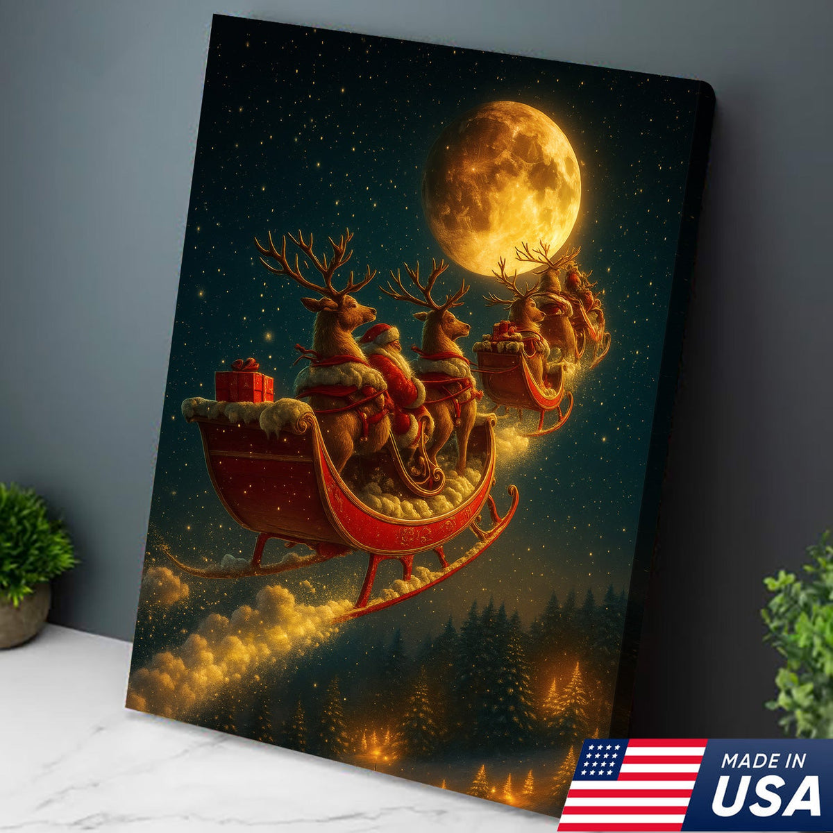 Magical Santa Sleigh and Reindeer Canvas – Christmas Wall Art Gift for Hunters & Holiday Lovers