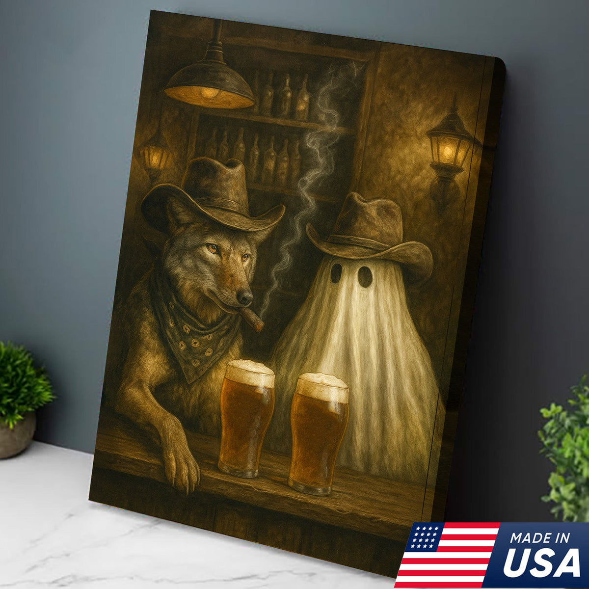 Cowboy Wolf & Ghost Canvas – Rustic Western Bar Wall Art for Halloween