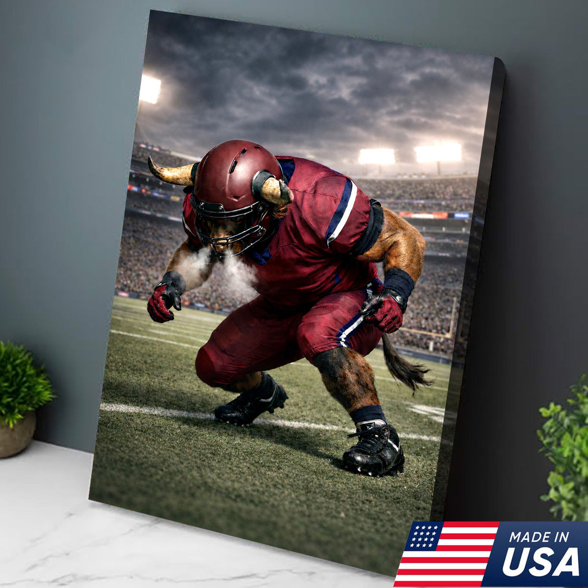 Fierce Bull Football Canvas Wall Art – Charging Horned Athlete Stadium Print