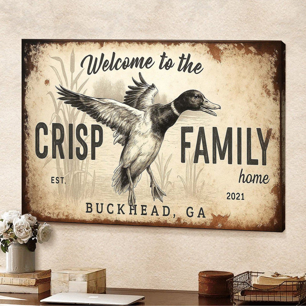 Personalized Duck Family Home Canvas Sign, Custom Last Name Welcome Wall Art