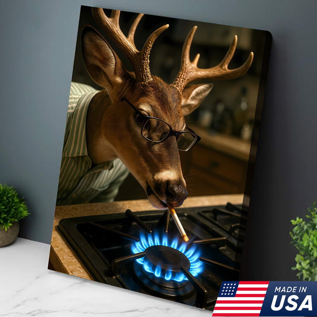 Funny Deer Smoking Canvas, Hilarious Buck Wall Art for Hunters, Rustic Cabin or Man Cave Decor