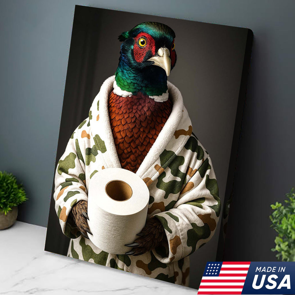 Funny Pheasant Bathroom Wall Art – Camo Robe Bird Holding Toilet Paper Print