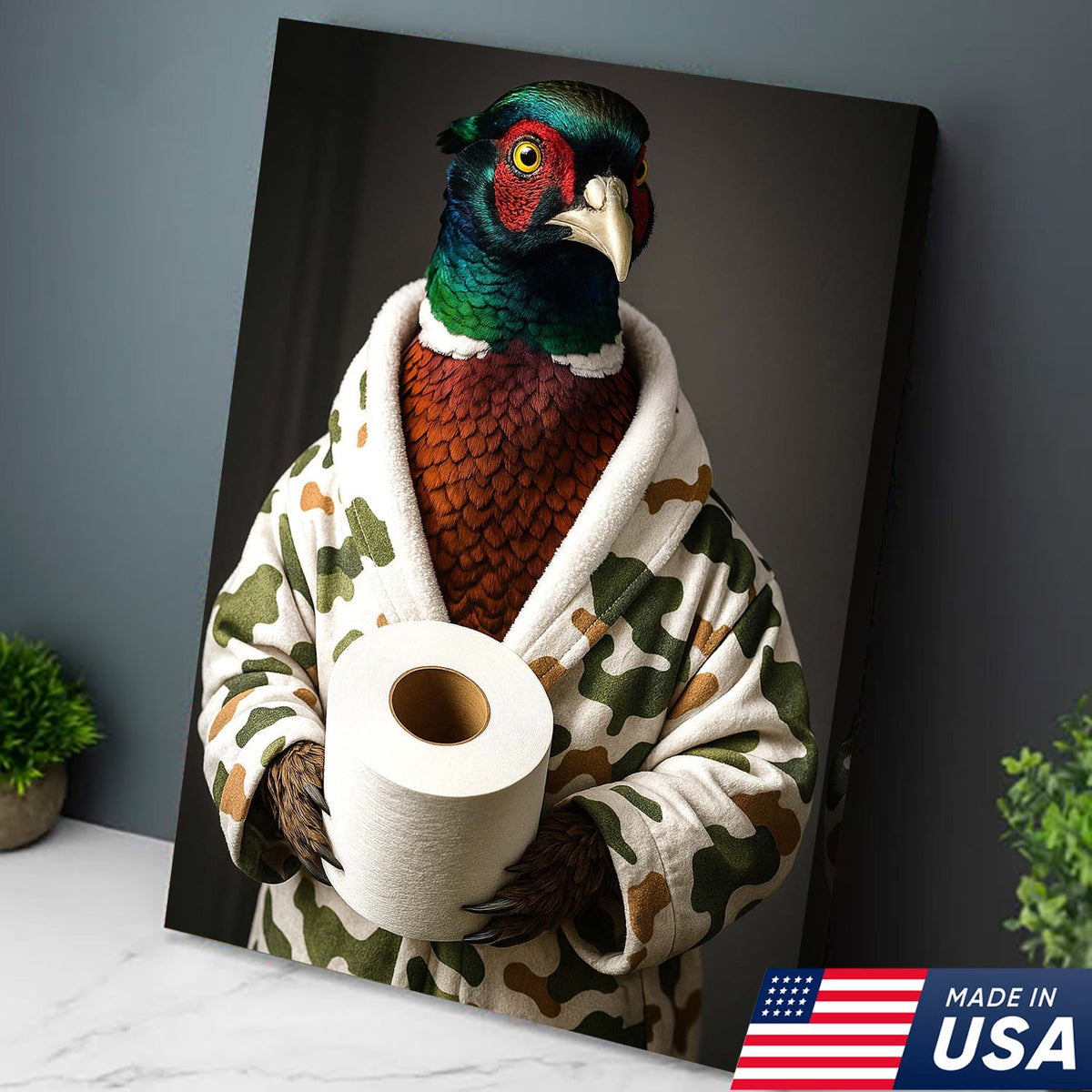 Funny Pheasant Bathroom Wall Art – Camo Robe Bird Holding Toilet Paper Print