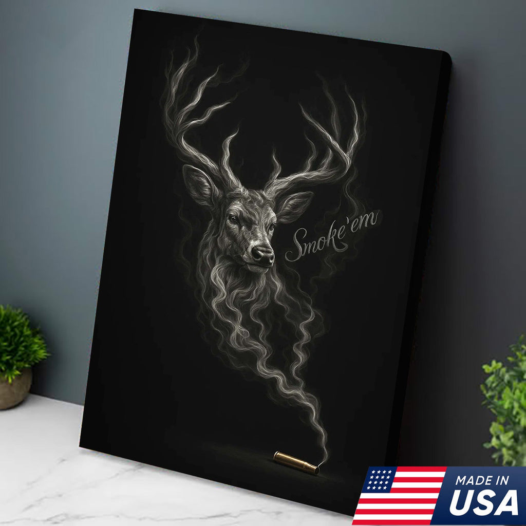 Smoke ’Em Deer Canvas, Rustic Hunter Wall Art, Smoky Buck Skull Design