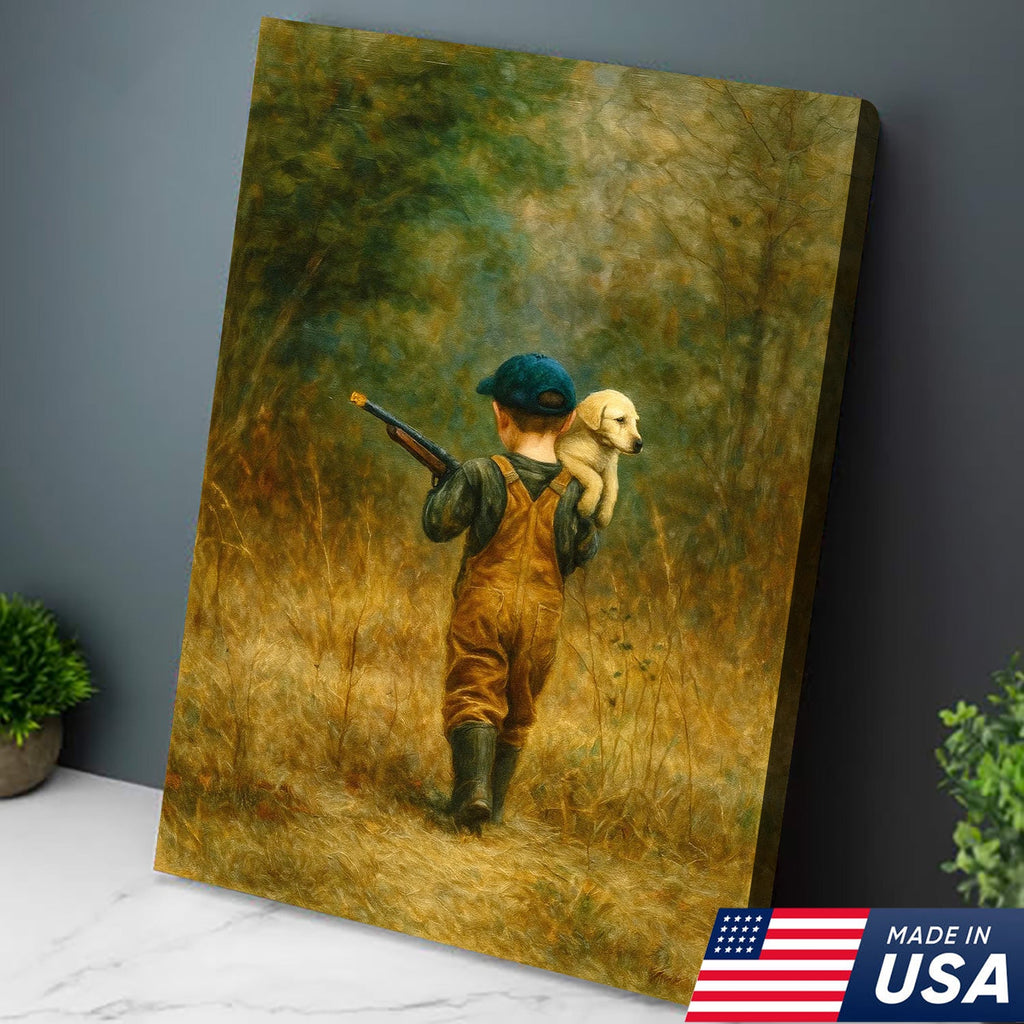 Little Hunter and Puppy Canvas Wall Art, Wholesome Boy with Dog Artwork
