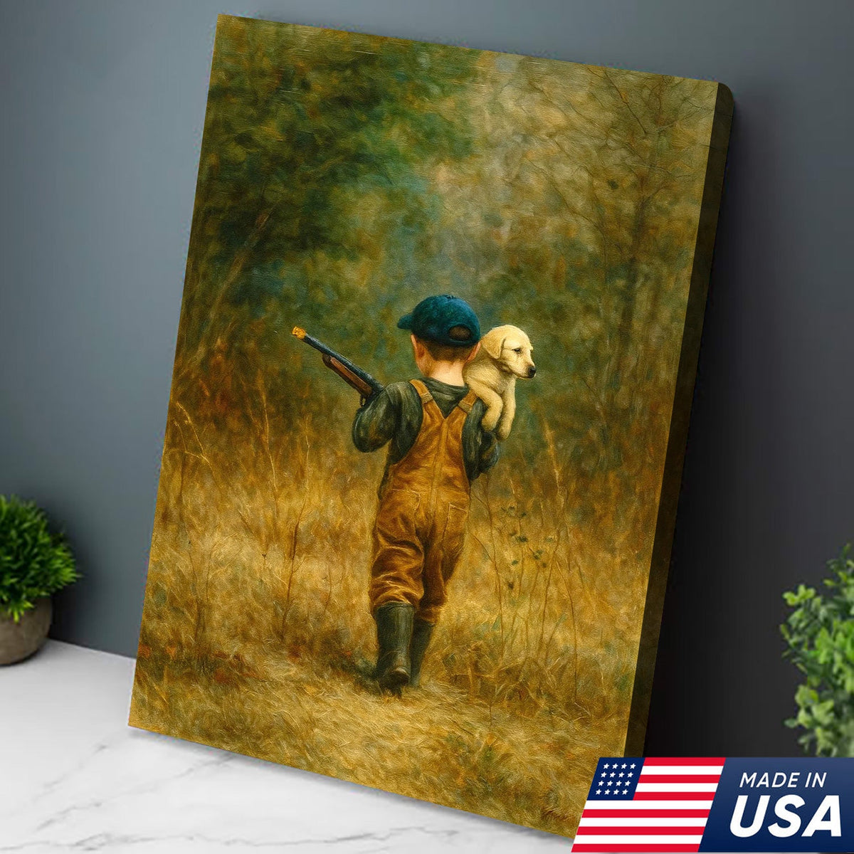 Little Hunter and Puppy Canvas Wall Art, Wholesome Boy with Dog Artwork
