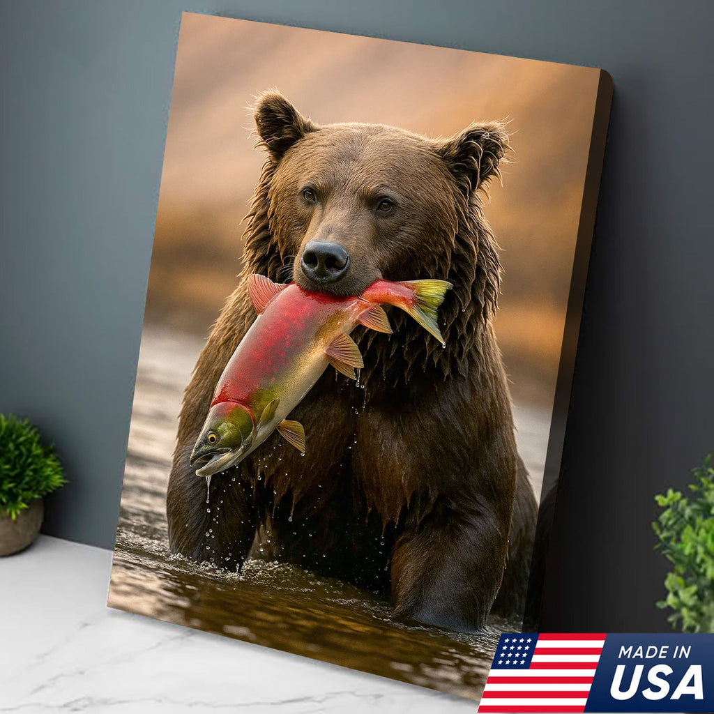 Bear Catching Salmon Canvas Wall Art, Wildlife River Cabin Decor, Nature Lover Gift