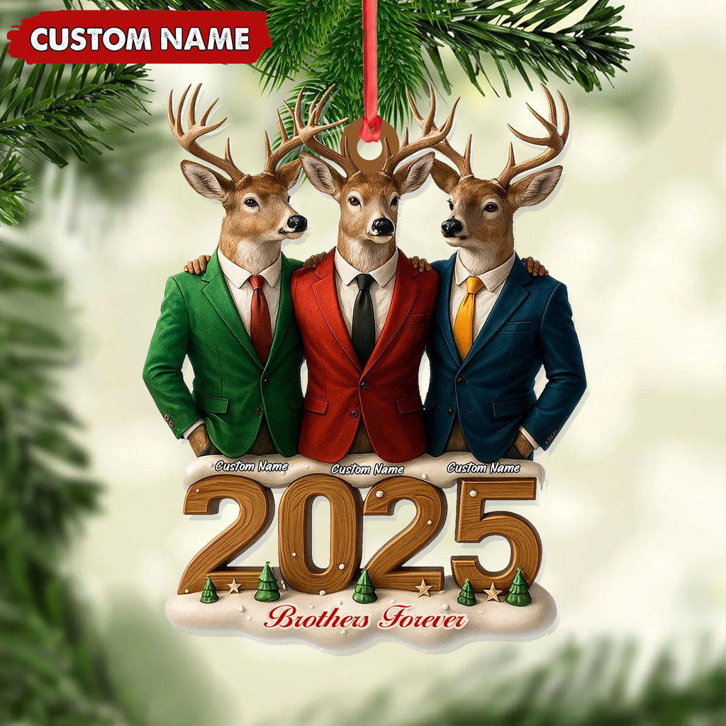 Personalized Brothers Forever 2025 Christmas Ornament, Custom Name Deer Trio in Suits, Funny Family Brother Gift Decor