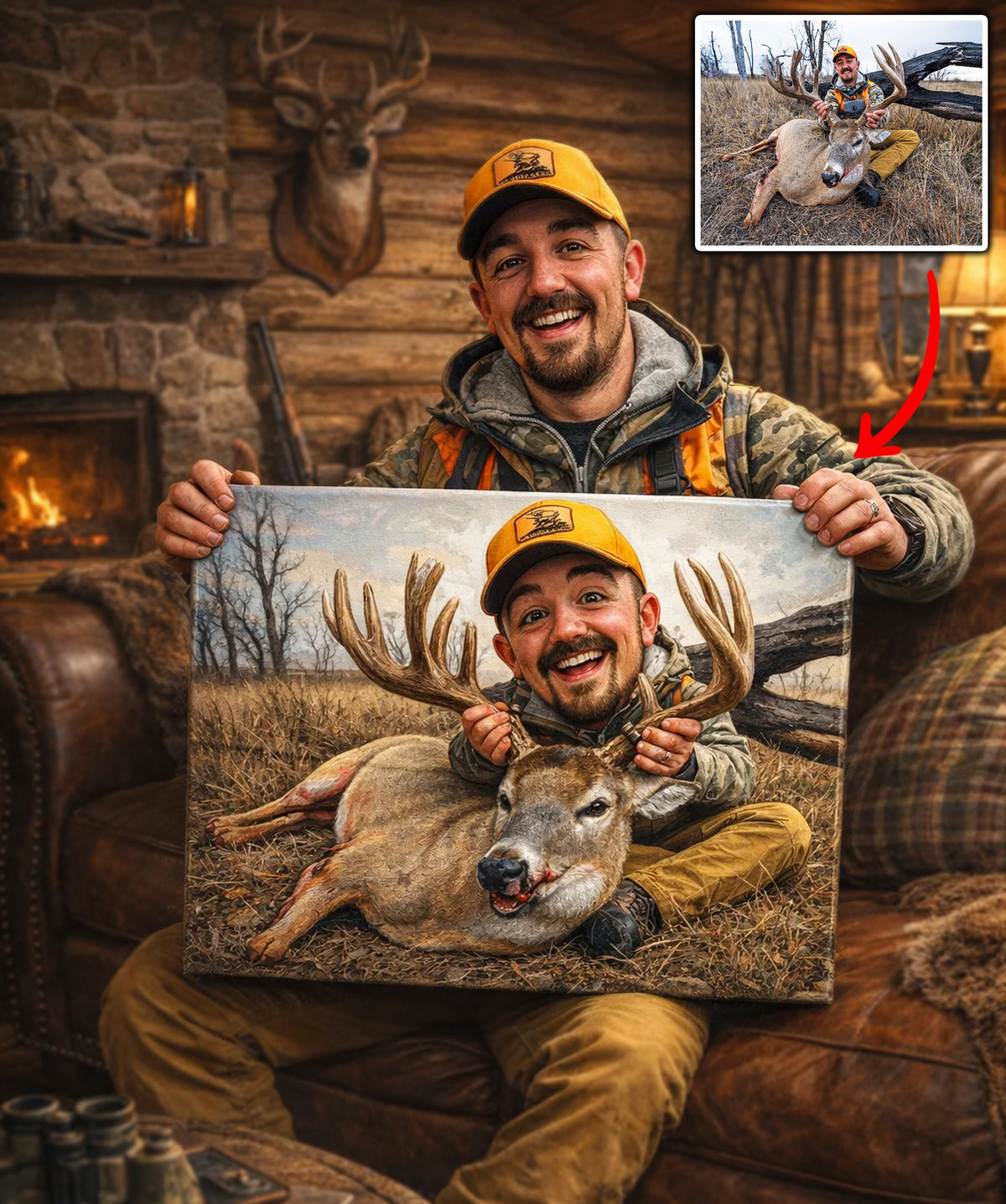 Personalized Hunter Photo Canvas Wall Art, Custom Deer Trophy Portrait from Your Picture