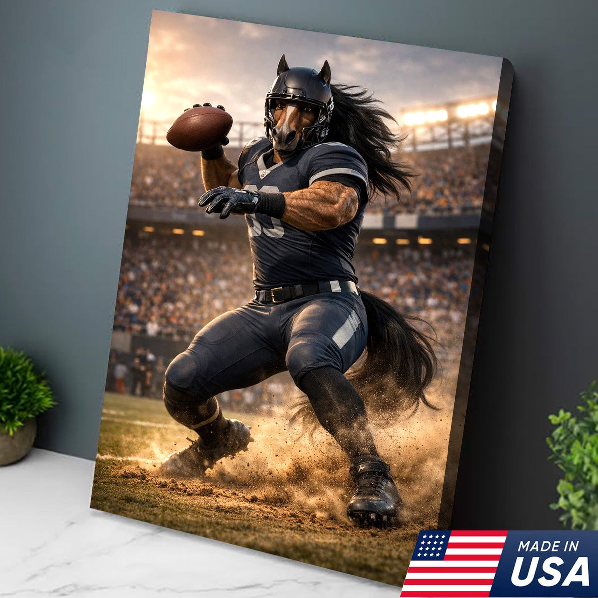 Dark Stallion Football Canvas Wall Art – Powerful Horse Athlete Stadium Action Print