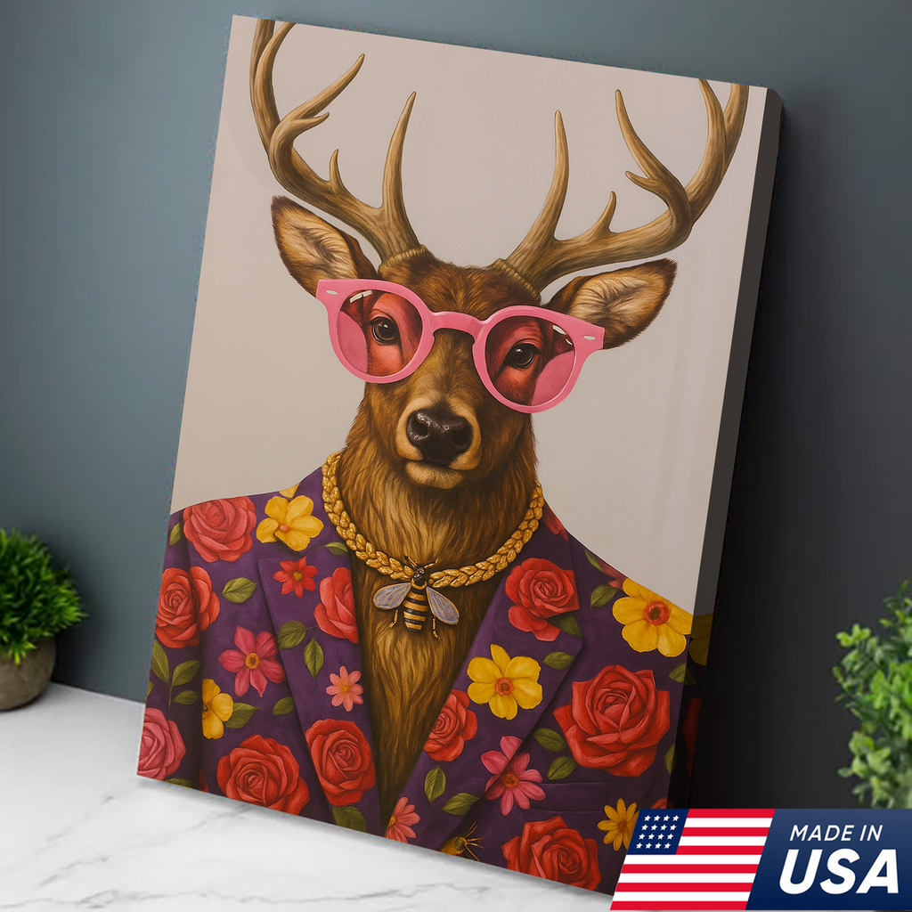 Funny Deer Wall Art Canvas – Stylish Hunter Canvas with Floral Suit & Sunglasses