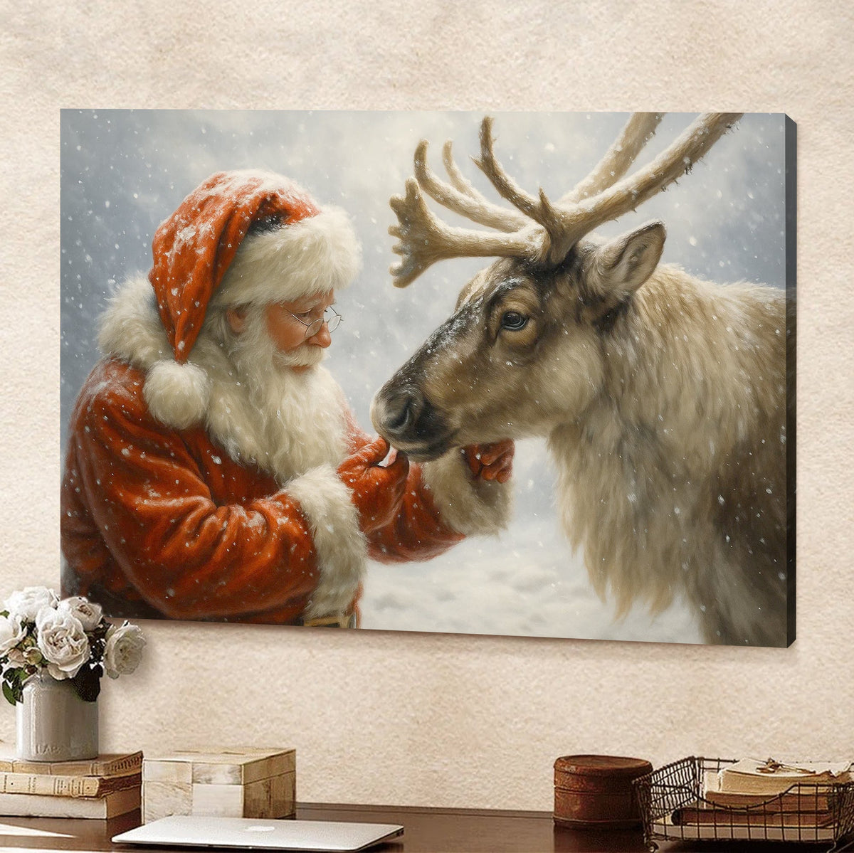 Santa with Reindeer Canvas Wall Art, Tender Snowy Christmas Scene Picture