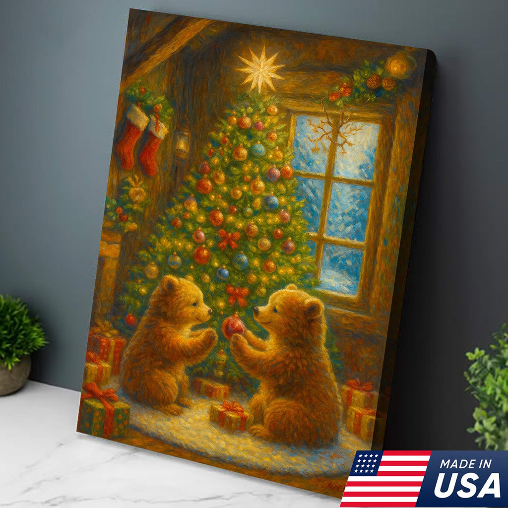Christmas Bear Cubs Wall Art Canvas — Cozy Holiday Tree Scene, Cute Winter Animal Wall Decor